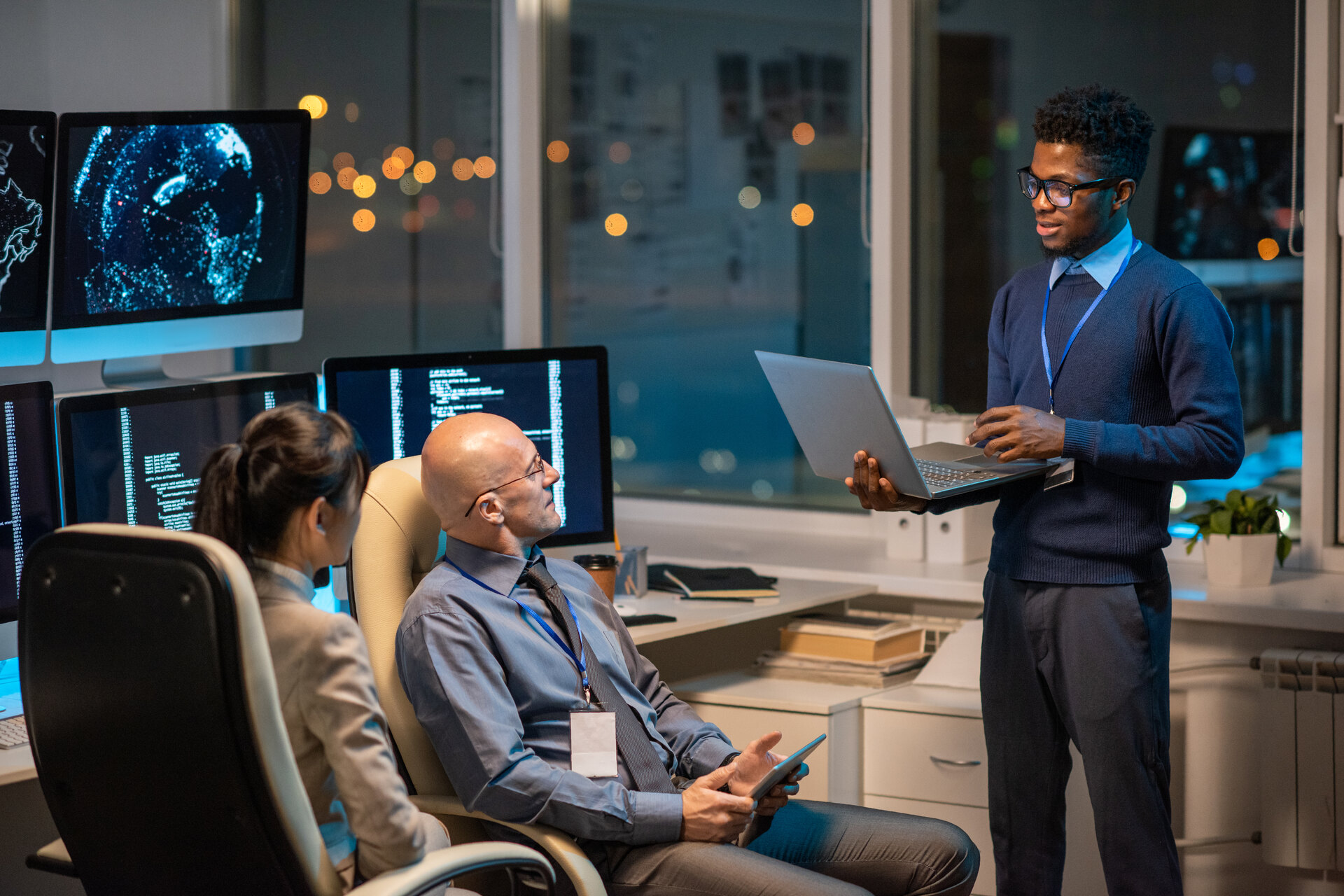 young businessman with laptop making presentation