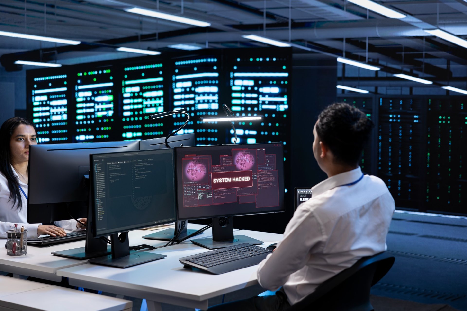 Cybersecurity team reacting to system hacked alert on screens