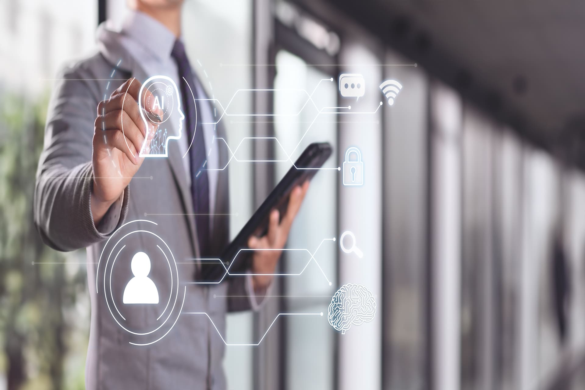 Businessman interacting with AI interface