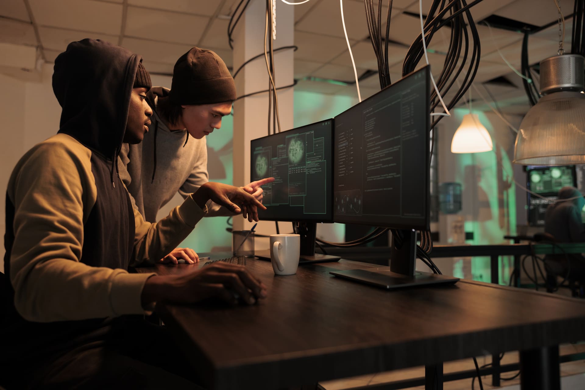 Hackers working together on coding in a dimly lit room | CMIT Solutions Hackers working together on coding in a dimly lit room - cyber security
