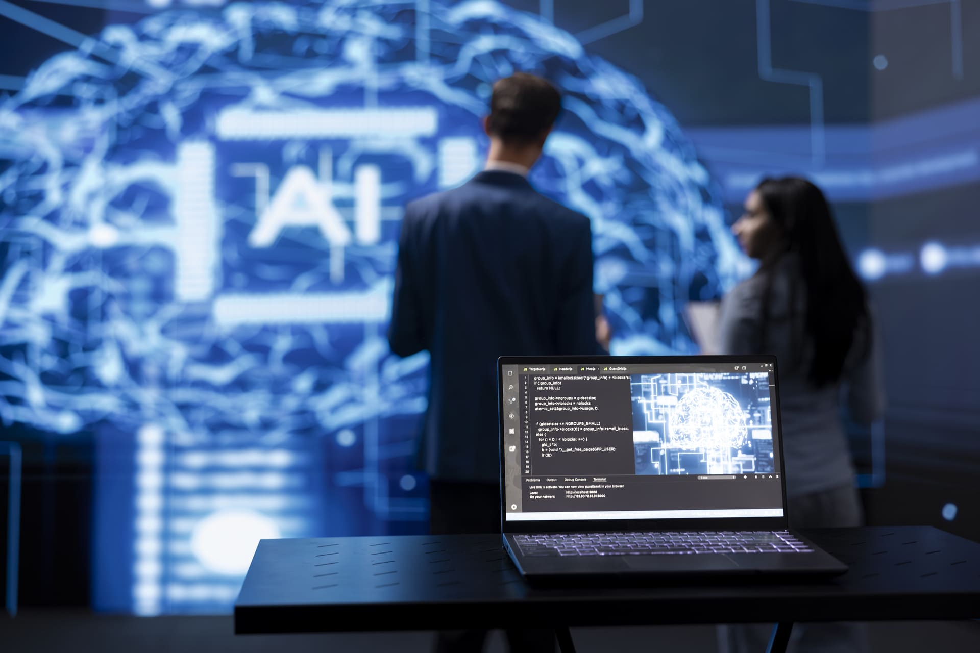 Laptop with AI interface in focus people in background