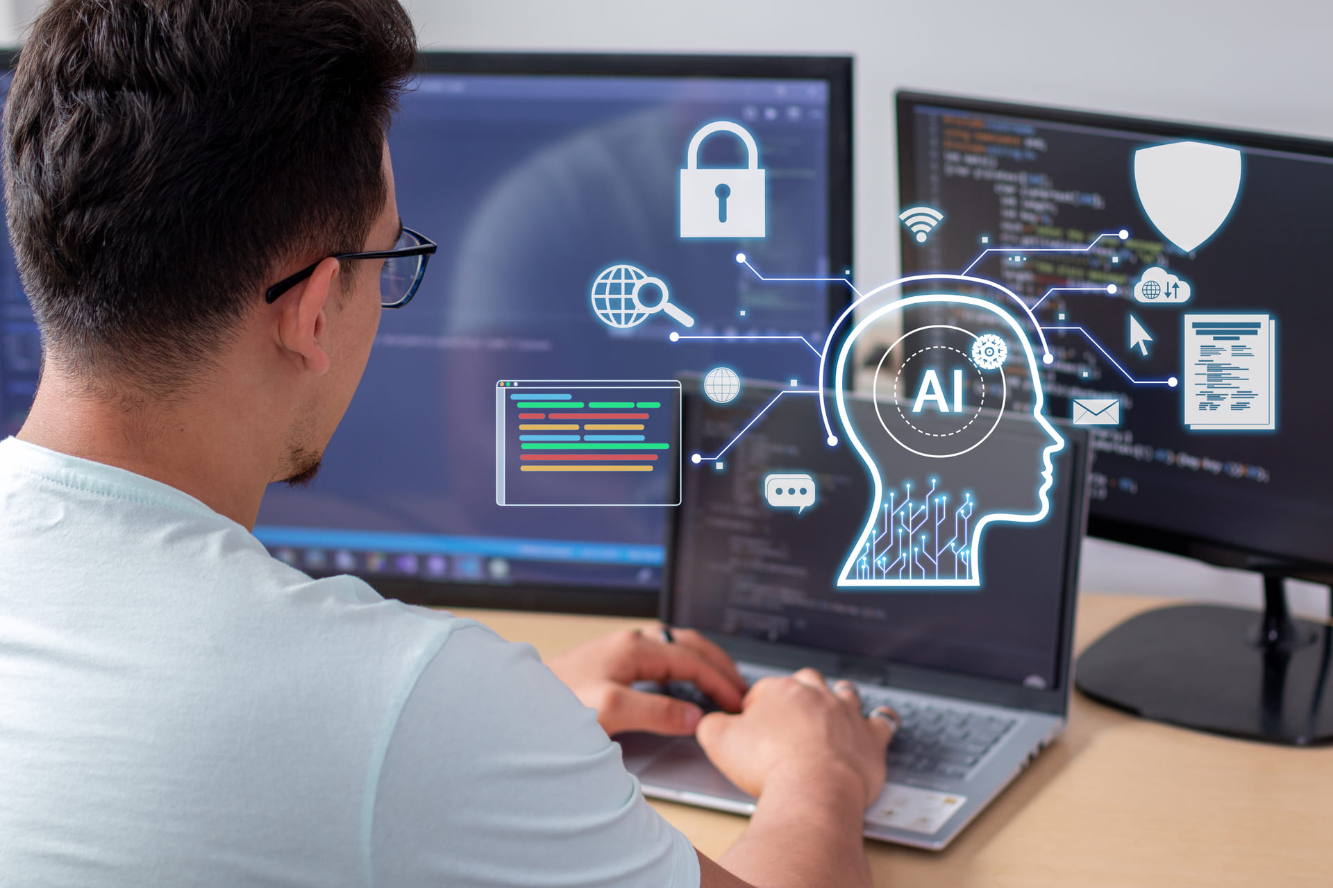 Programmer working with AI data and virtual icons