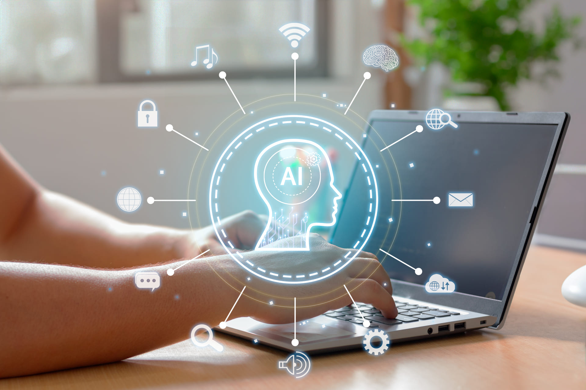 Typing on laptop with AI network icons overlaid