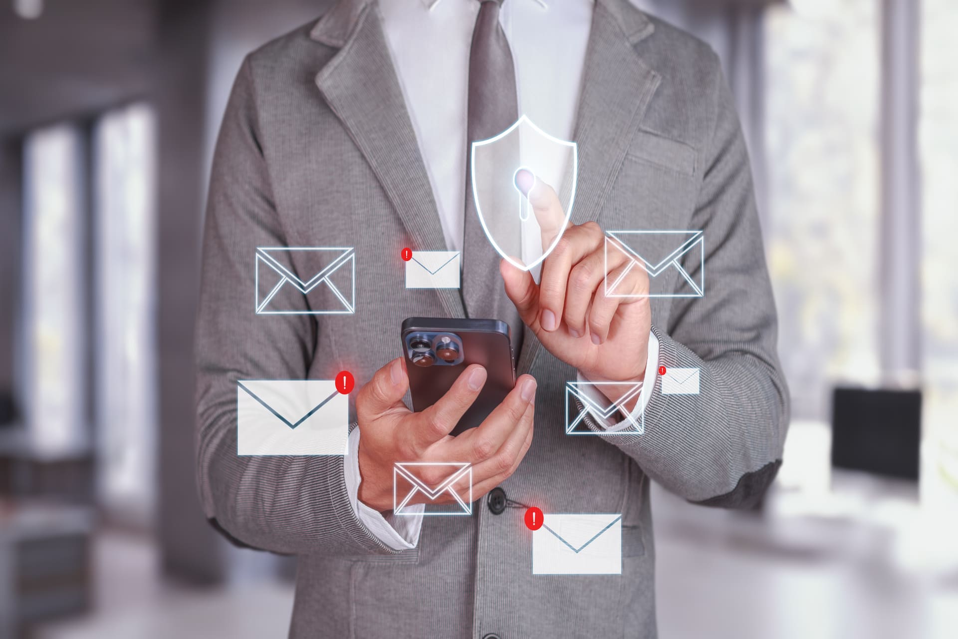 Businessman using a smartphone with email security icons