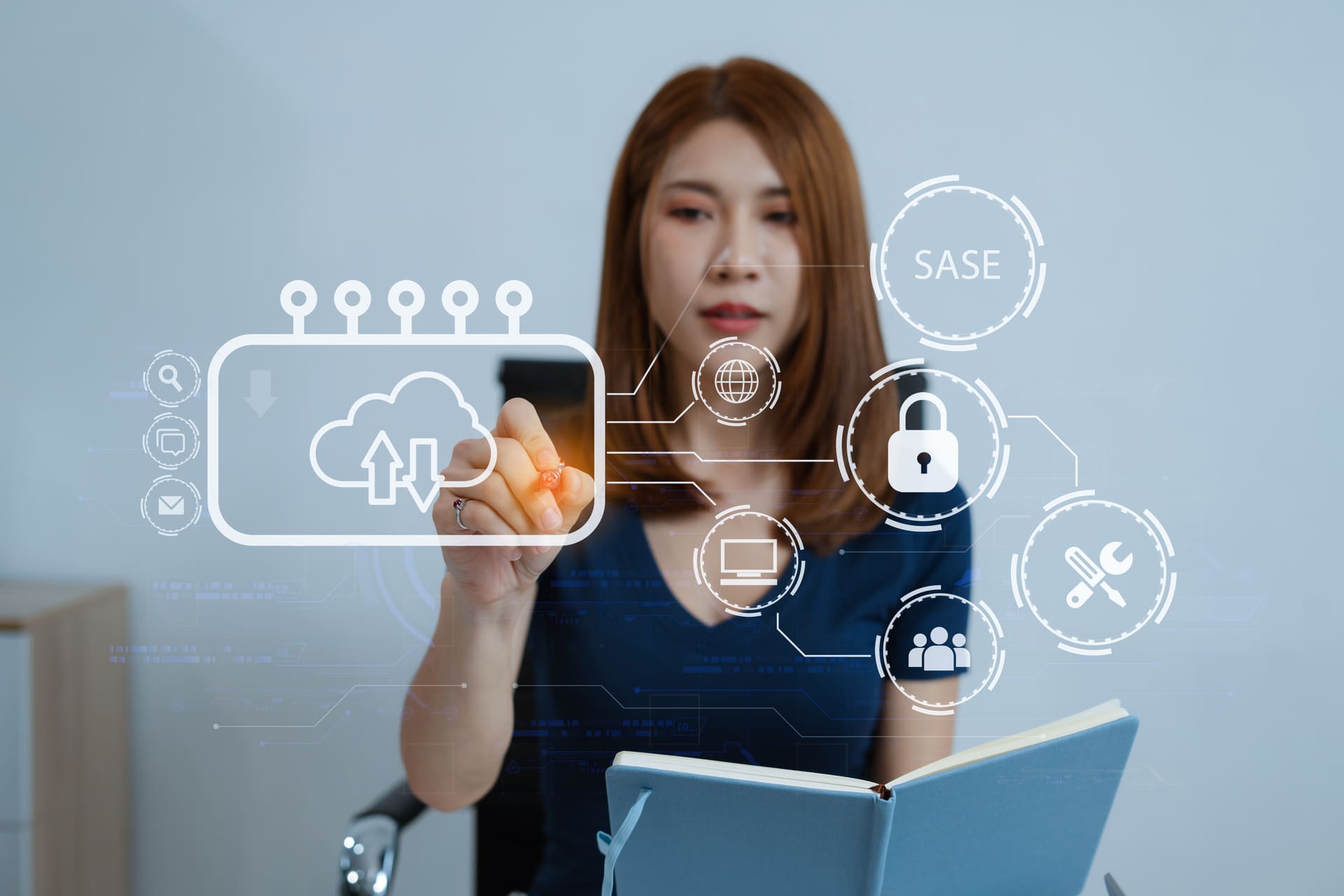 Woman using a digital interface with cloud security and SASE icons