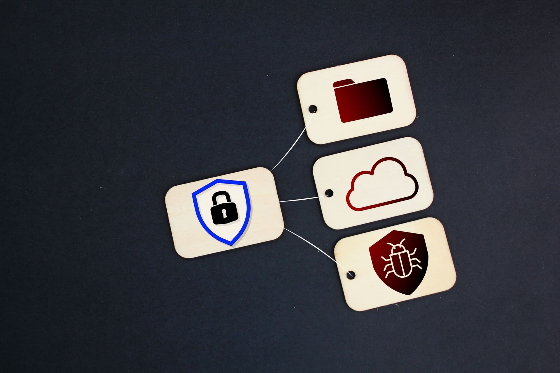 Wooden tags showing cybersecurity concepts lock folder cloud and malware icons