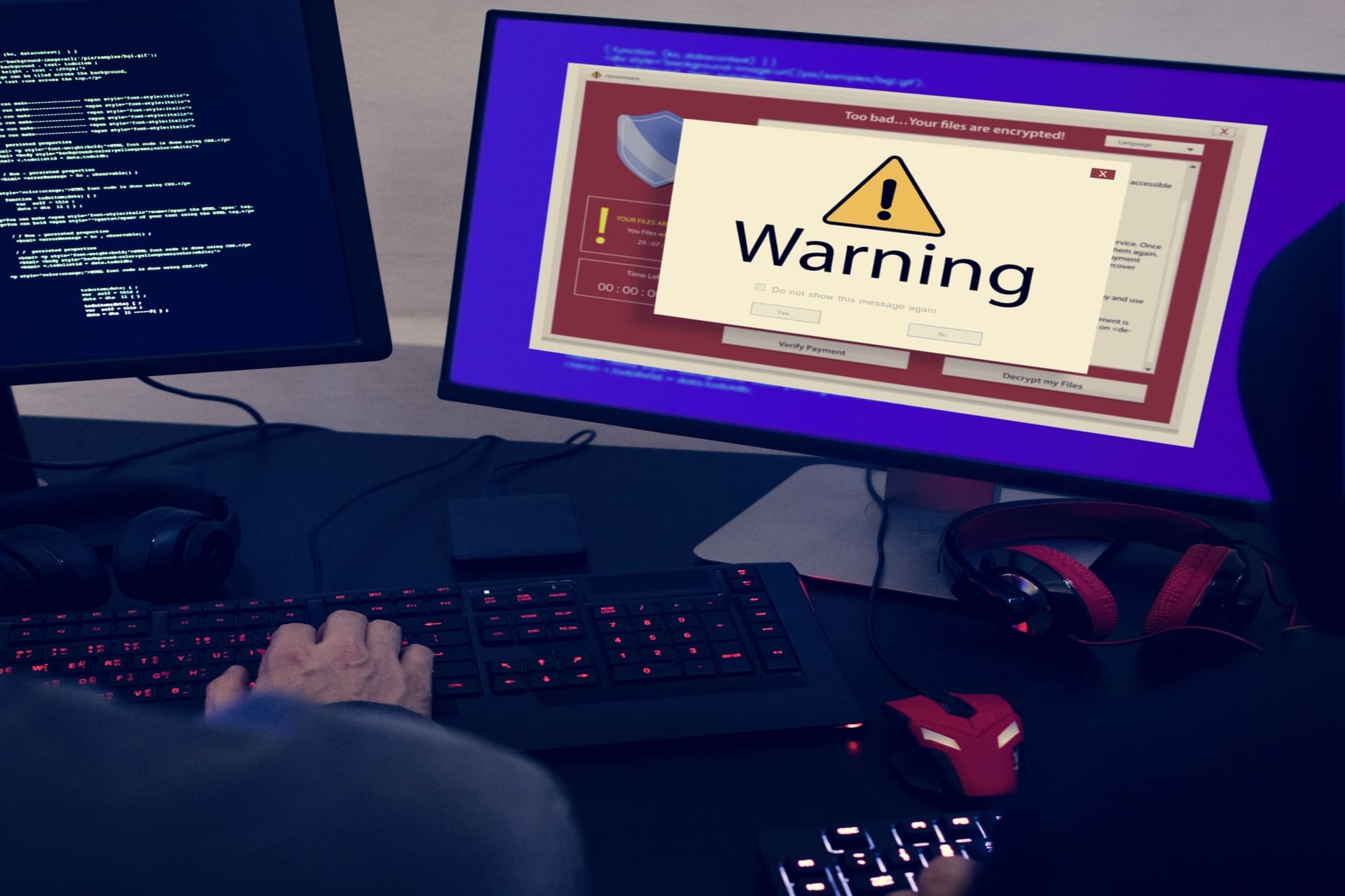 Computer screen showing warning message from malware attack