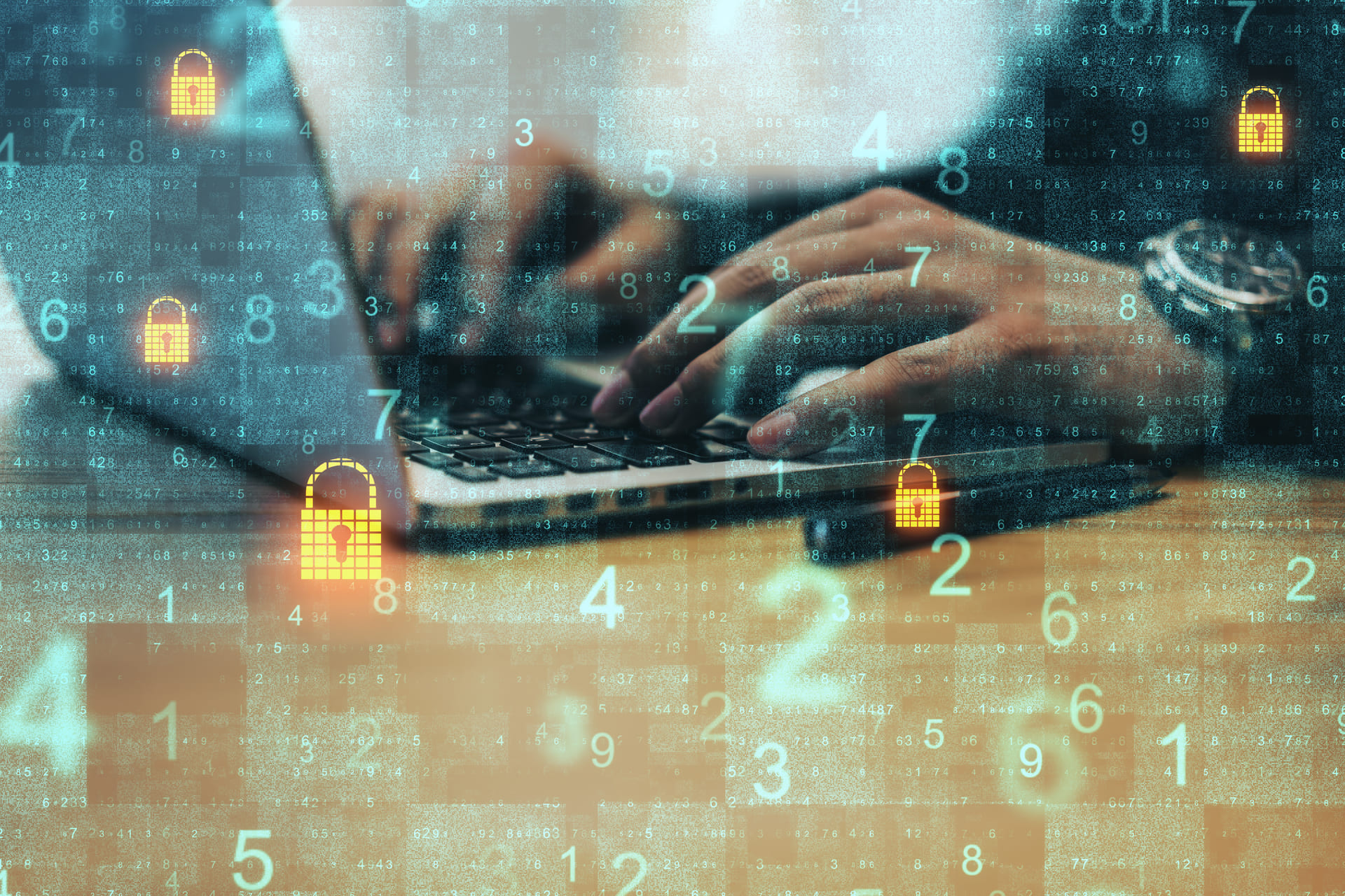 Hands typing on laptop with digital padlock symbols and numbers overlay