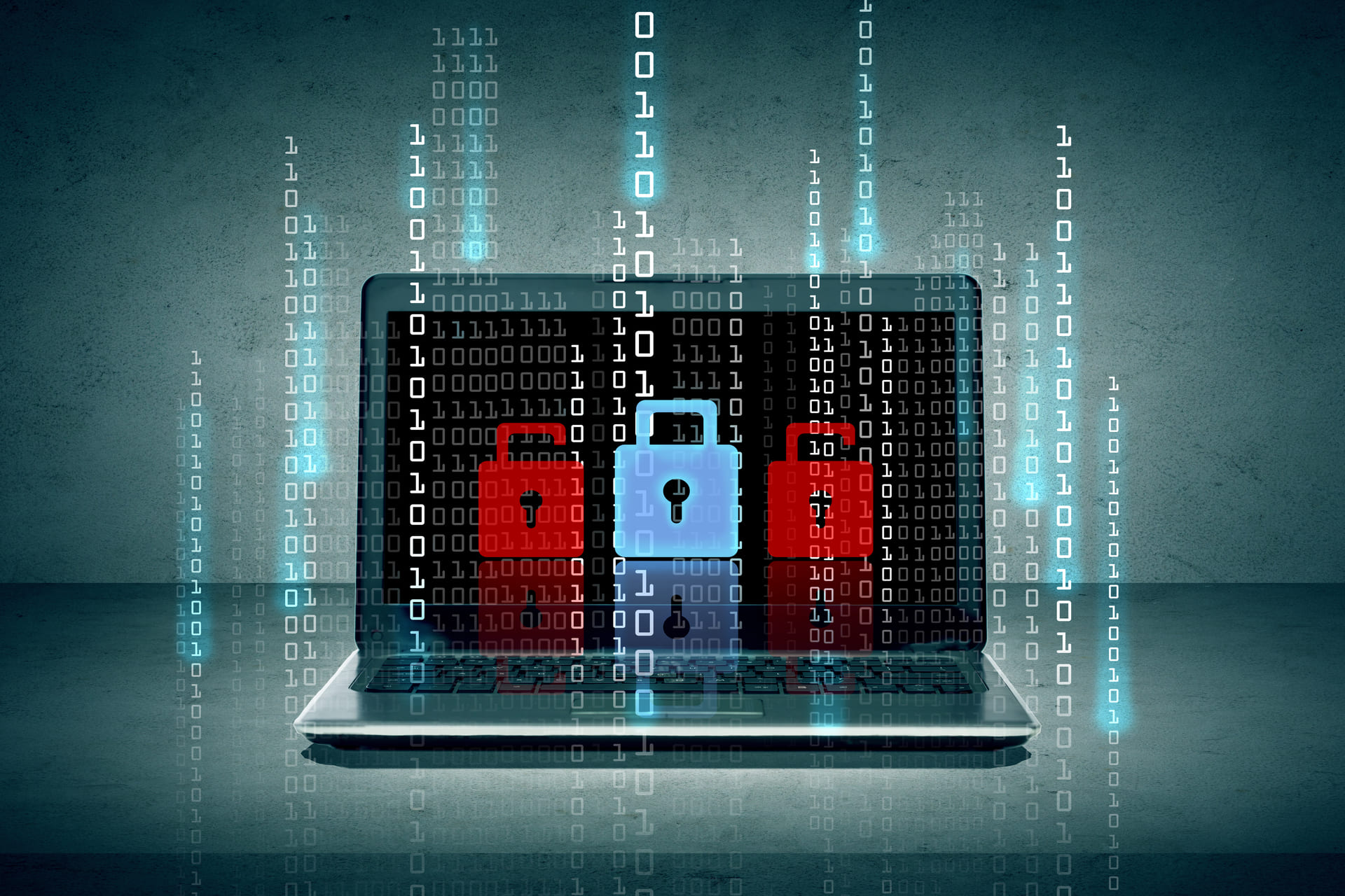 Laptop screen displaying padlock icons over binary code