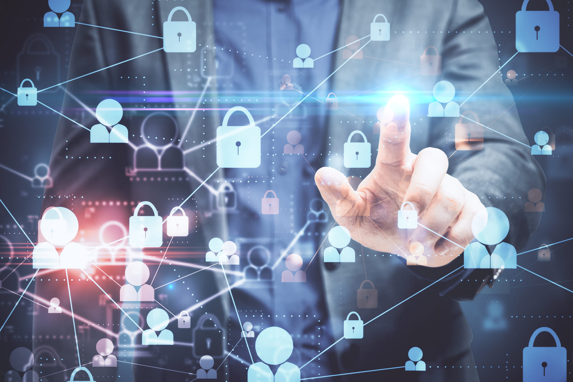 Businessman interacting with glowing digital padlock interface | CMIT Solutions Businessman interacting with glowing digital padlock interface