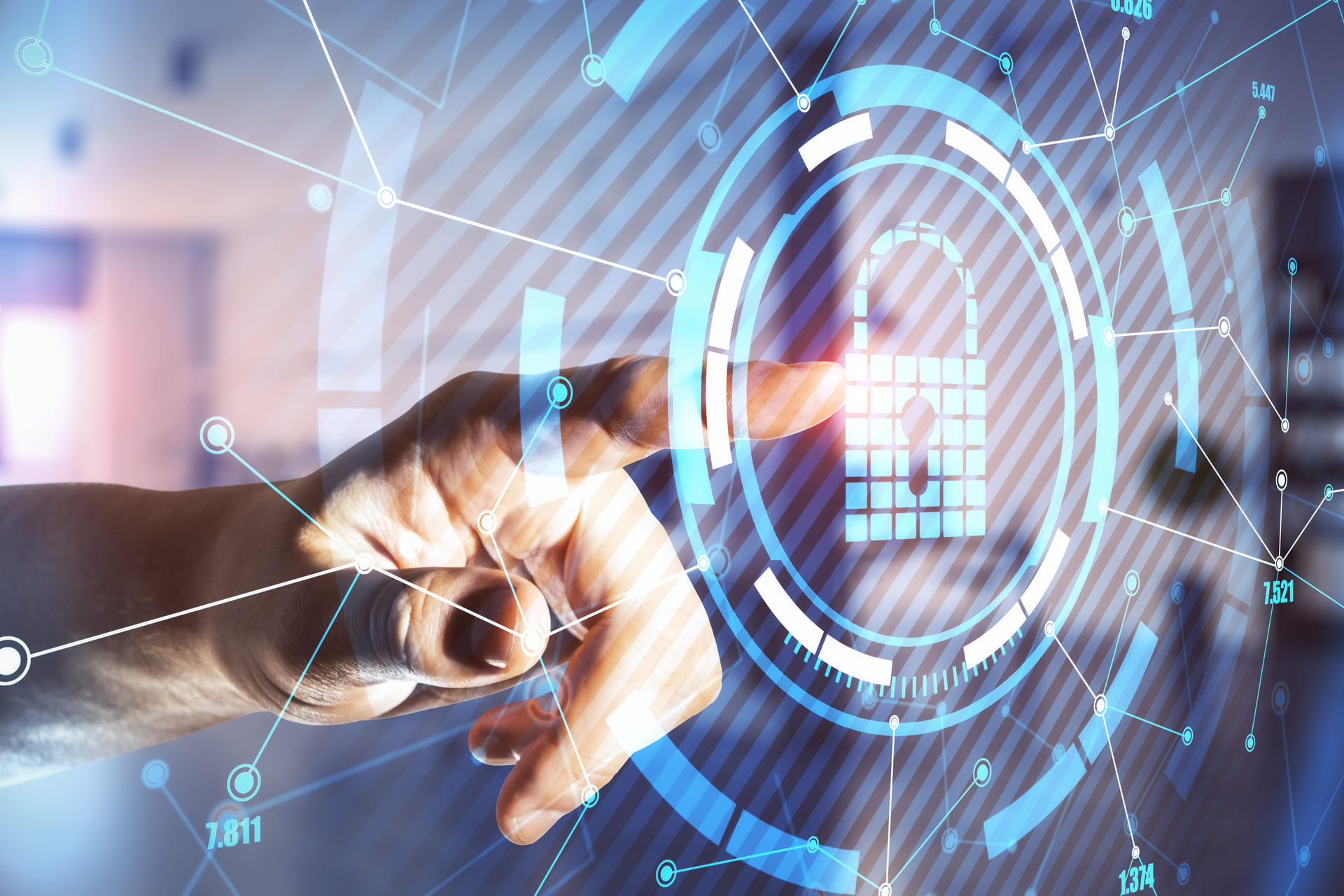 Finger touching holographic lock symbolizing data security | CMIT Solutions Finger touching holographic lock symbolizing data security