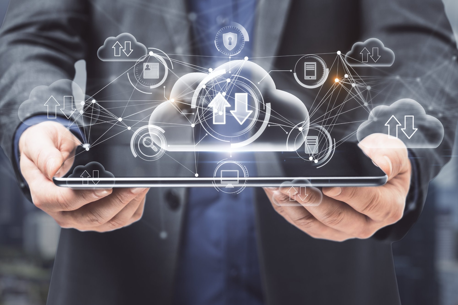 businessman-tablet-cloud-sync-network-security-icons