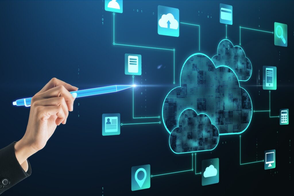 businesswoman-digital-pen-cloud-storage-network-interface