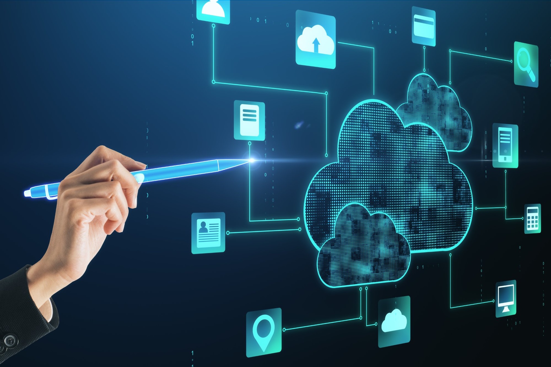 businesswoman-digital-pen-cloud-storage-network-interface