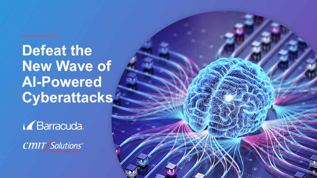 Blue gradient hero banner with the headline 'Defeat the New Wave of AI-Powered Cyberattacks' and a glowing neural-brain graphic over a circuit network.