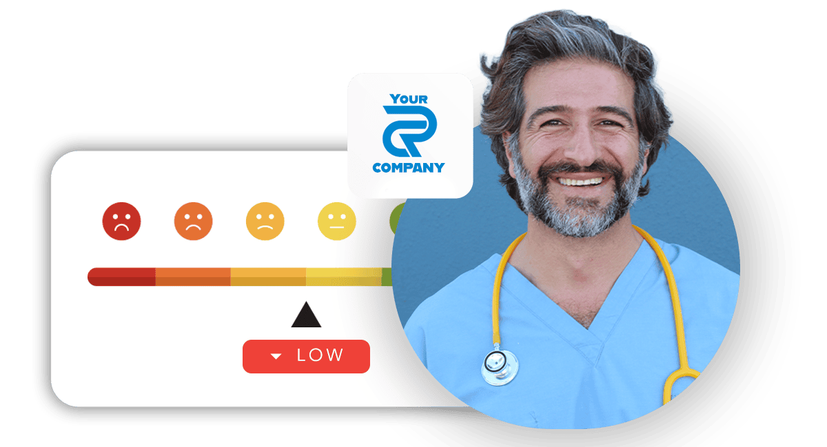 Smiling doctor with stethoscope beside a white rounded panel showing a low satisfaction gauge with five emotive faces on a color scale for patient feedback.