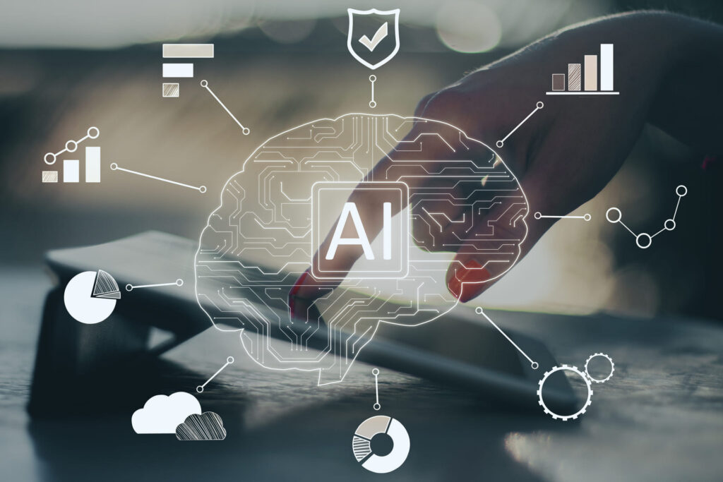 Hand touching a glowing AI brain outline surrounded by data charts and icons, symbolizing artificial intelligence and analytics.