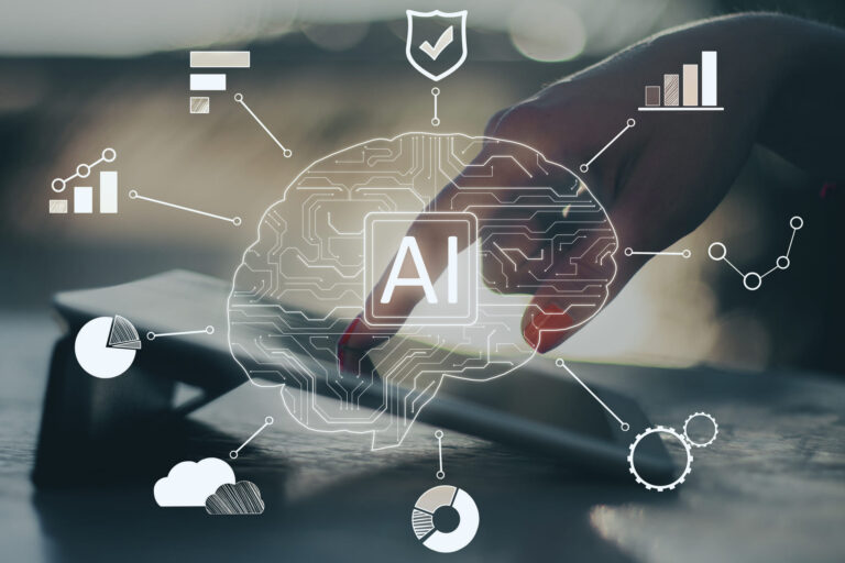 Hand touching a glowing AI brain outline surrounded by data charts and icons, symbolizing artificial intelligence and analytics.