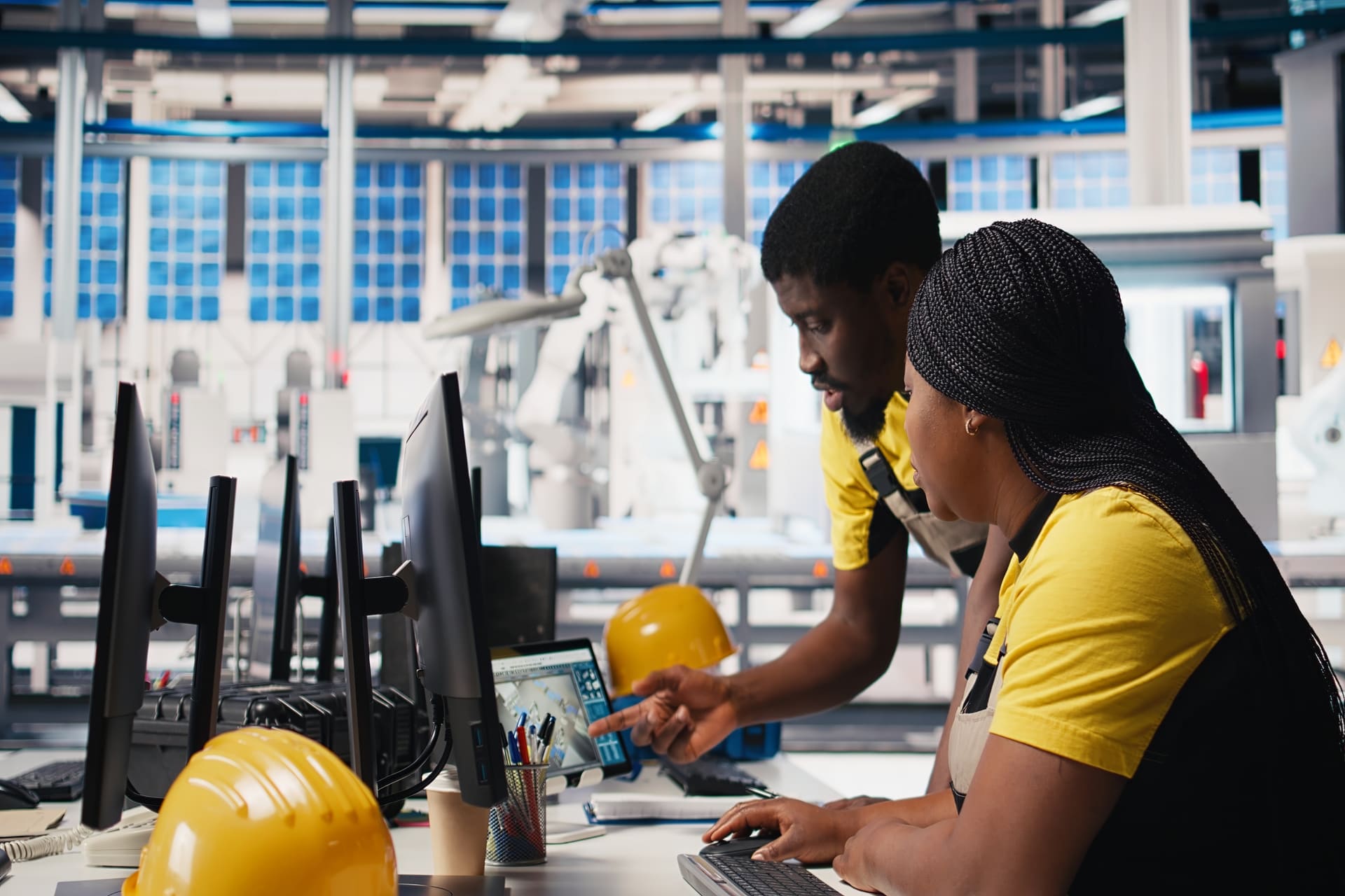 team-of-technicians-finetuning-it system | CMIT Solutions Two factory workers in yellow shirts study computer screens at a manufacturing plant, with yellow hard hats on the desk in the foreground.