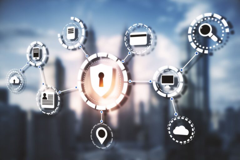 Abstract cybersecurity network: glowing shield with a keyhole at center, surrounded by connected icons.