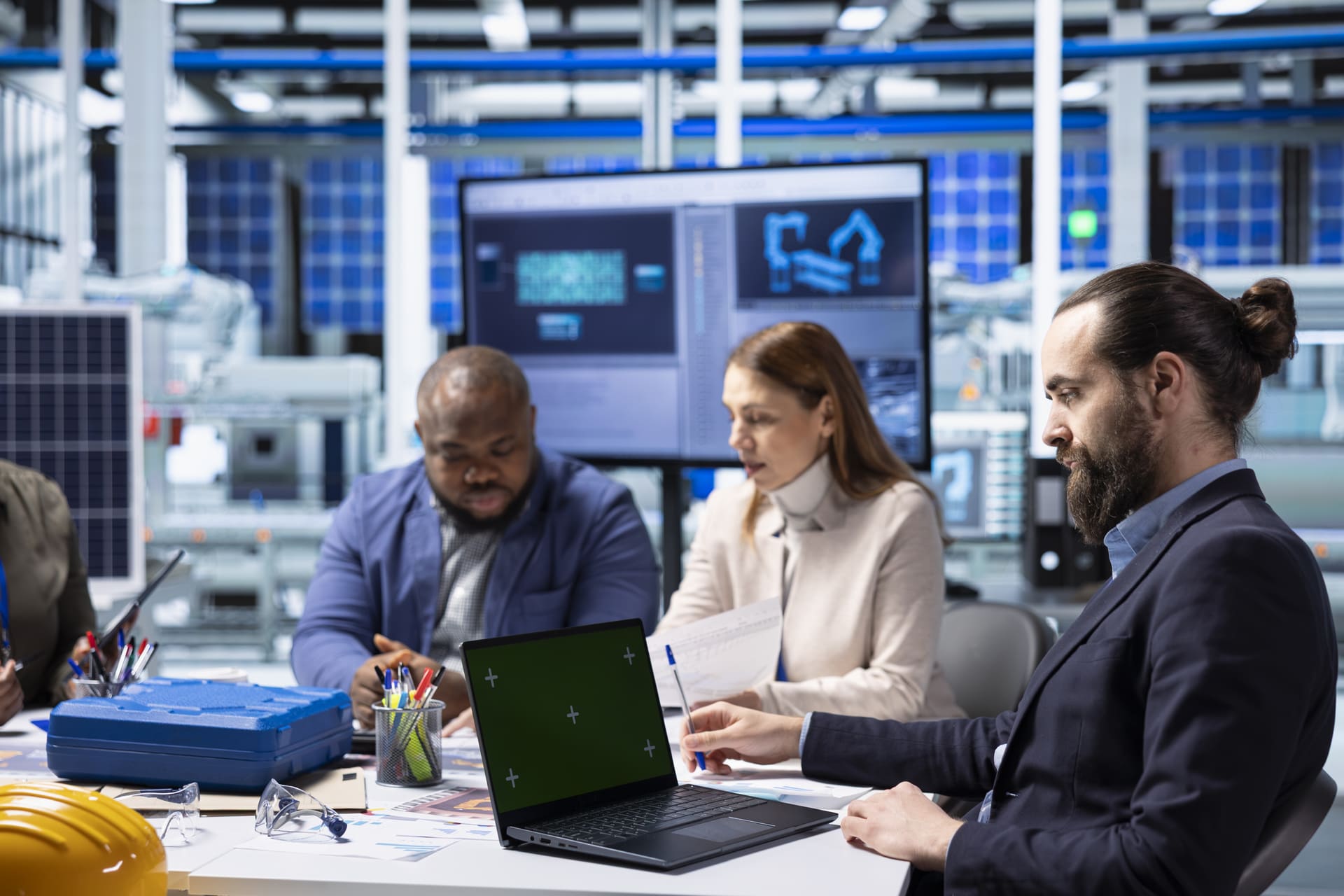 factory-researchers-reviewing-system-health-metric | CMIT Solutions Four professionals in a high-tech lab collaborate at a table with laptops, papers, and a blue tool case on the desk.