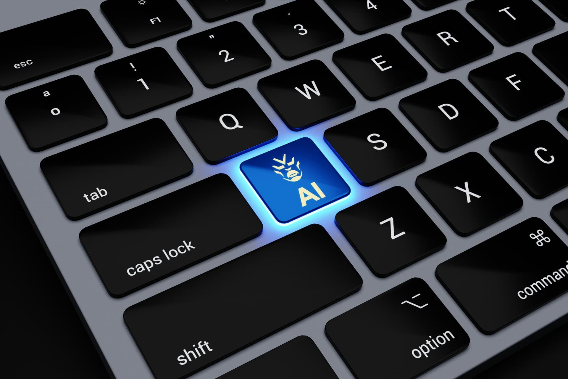 ai-keyboard-technology | CMIT Solutions Close-up of a computer keyboard with an illuminated blue AI key, symbolizing artificial intelligence technology.
