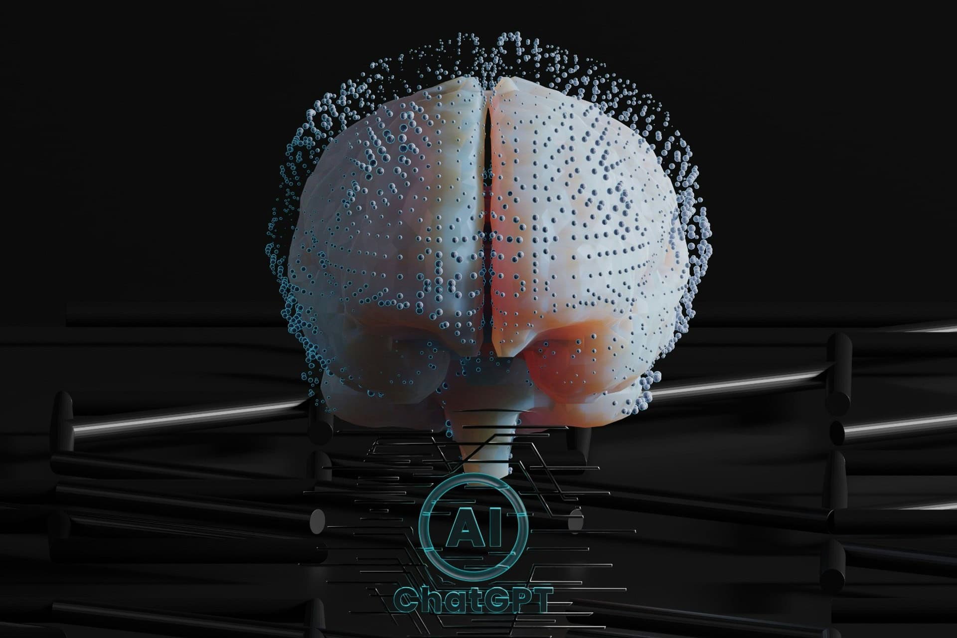 artificial-intelligence-brain-chatgpt-concept | CMIT Solutions Digital 3D brain surrounded by blue data points above an AI symbol on a dark technology background.