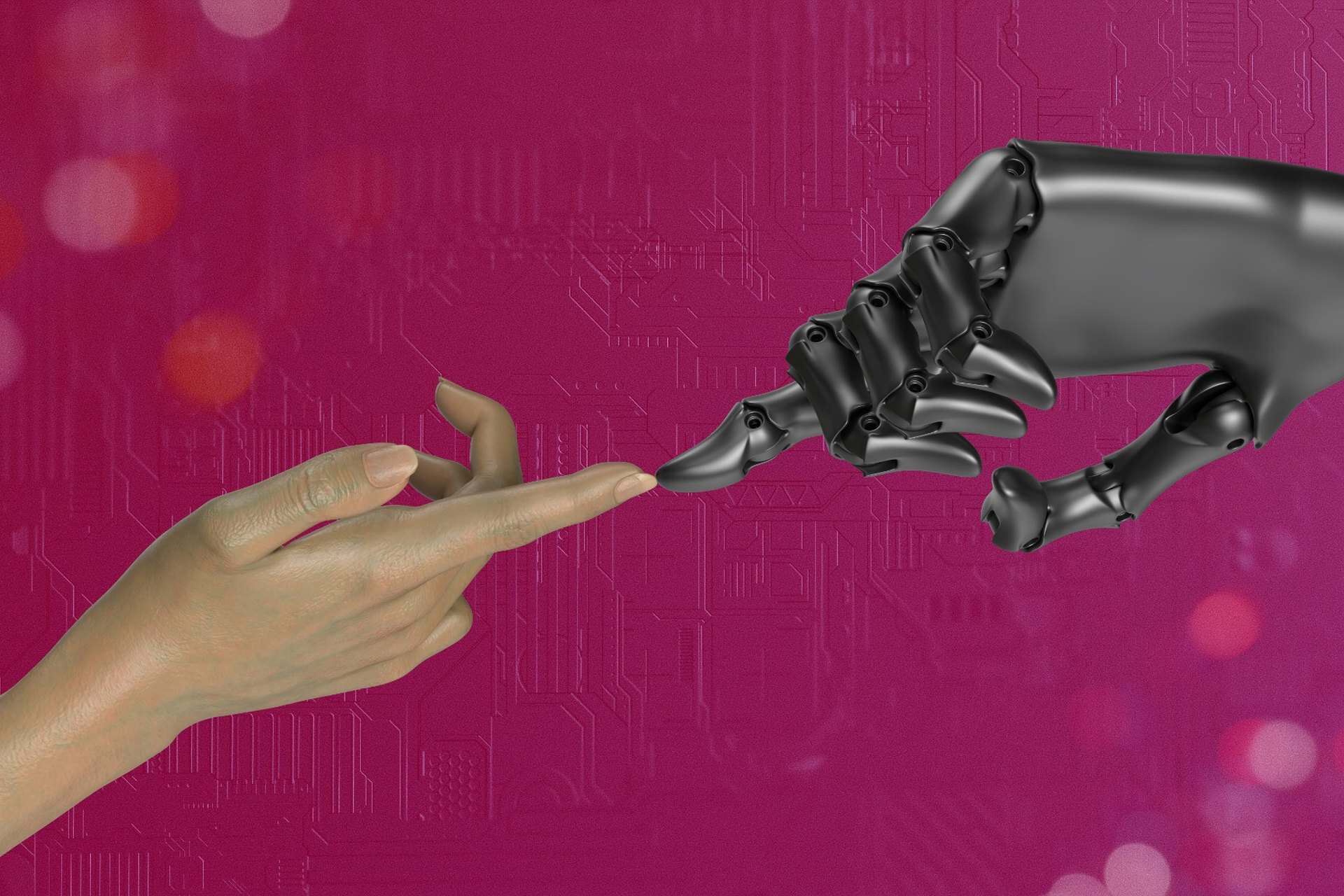 human-robot-ai-interaction | CMIT Solutions Human hand reaching toward a robotic hand against a magenta circuit board background, representing artificial intelligence and human–robot interaction.