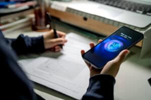 Person holds a smartphone displaying an AI screen while writing in a notebook at a desk.