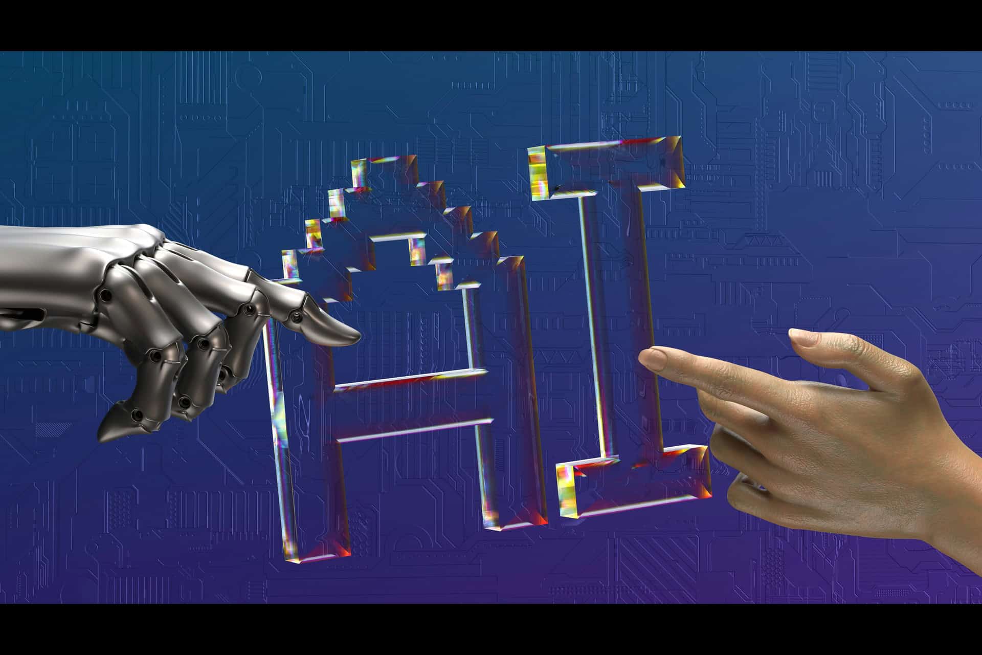 igor-omilaev-FHgWFzDDAOs-unsplash | CMIT Solutions Robotic metallic hand reaching toward a translucent 3D '3' as a human hand approaches, set against a blue circuit-board background.