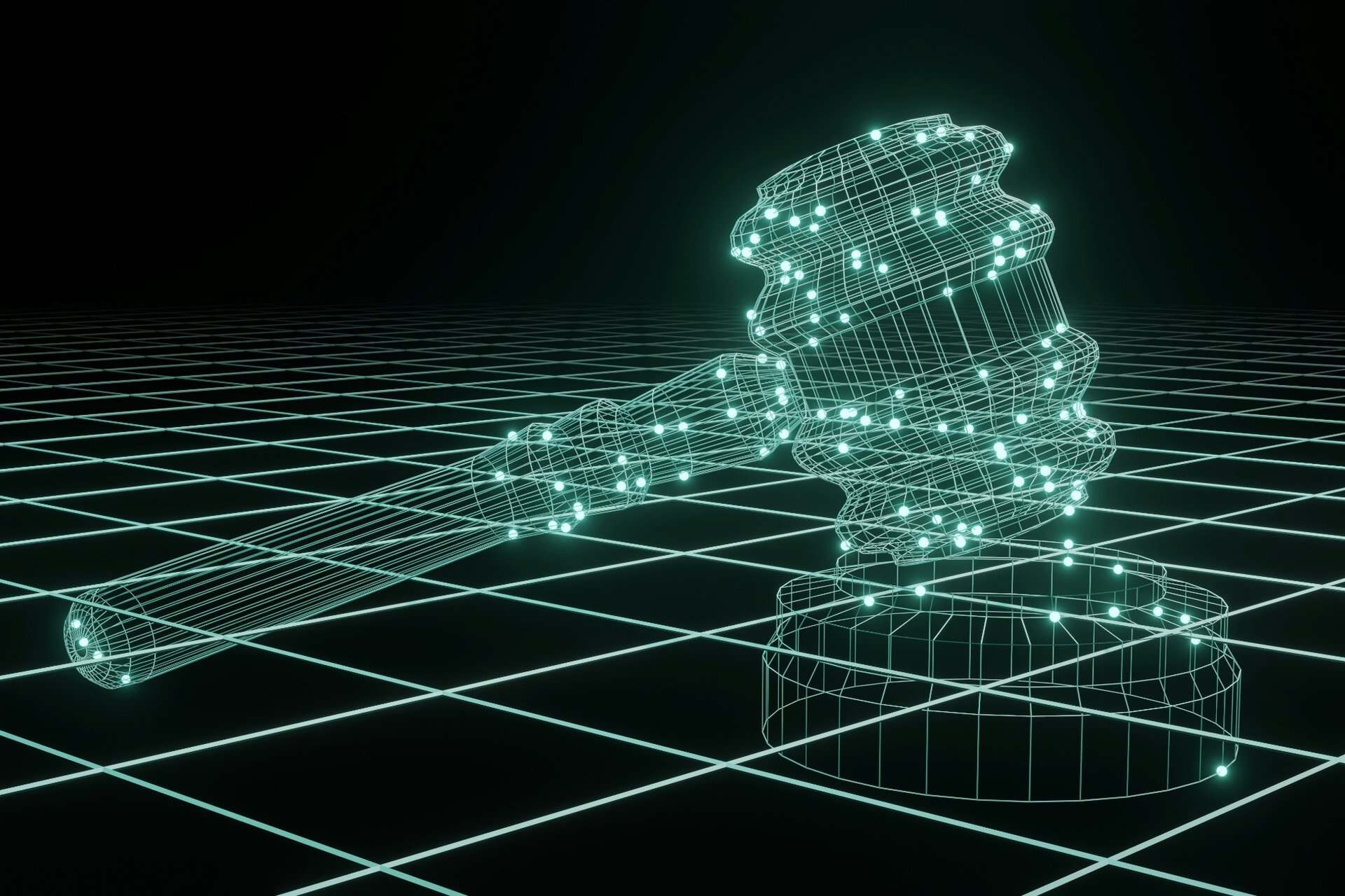 legal-technology | CMIT Solutions Glowing wireframe judge's gavel representing digital legal technology.